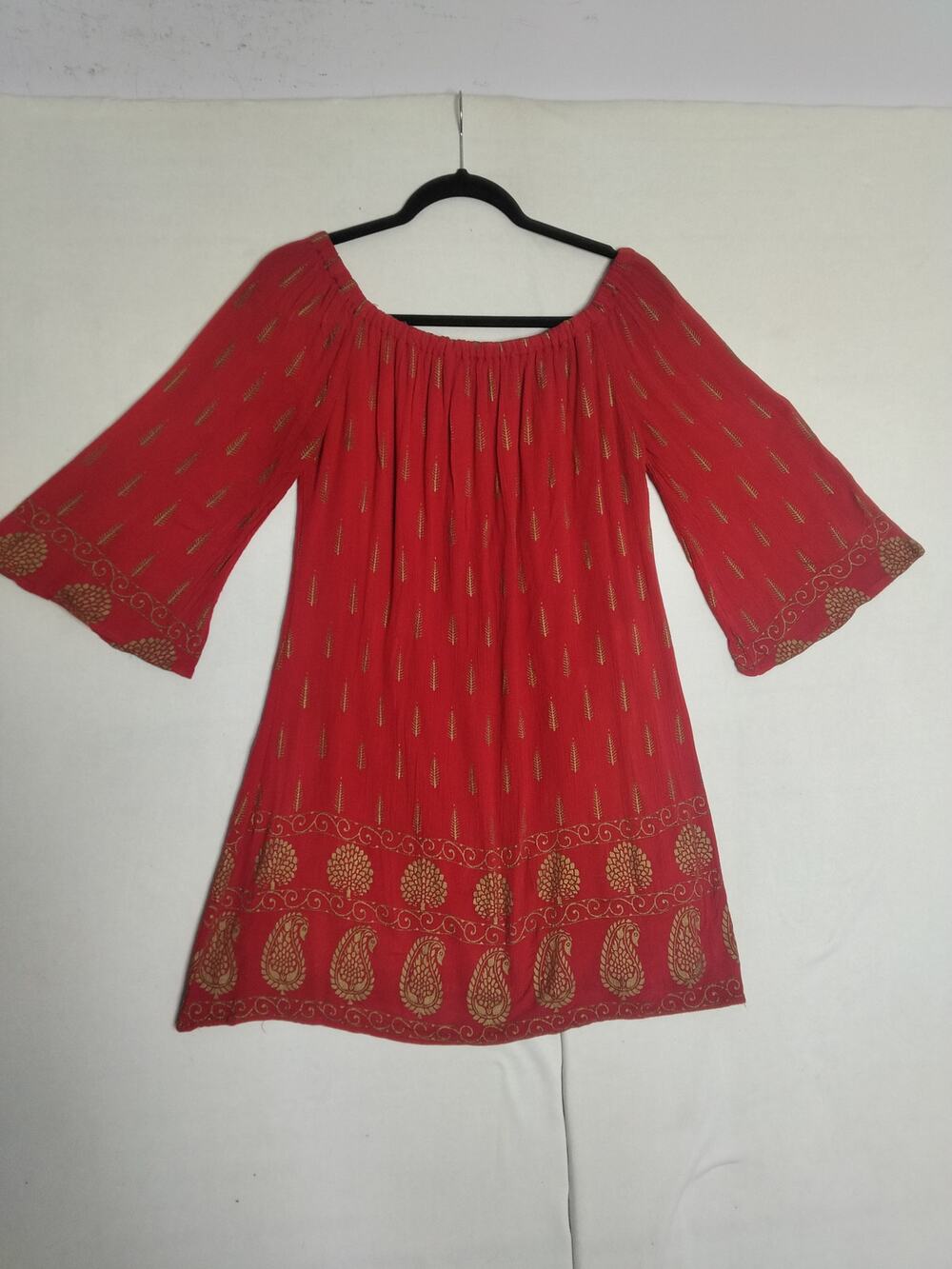 Lapogee Dress Sz M Red Gold Paisley Made in India Flare Sleeve Boho Indie Mini